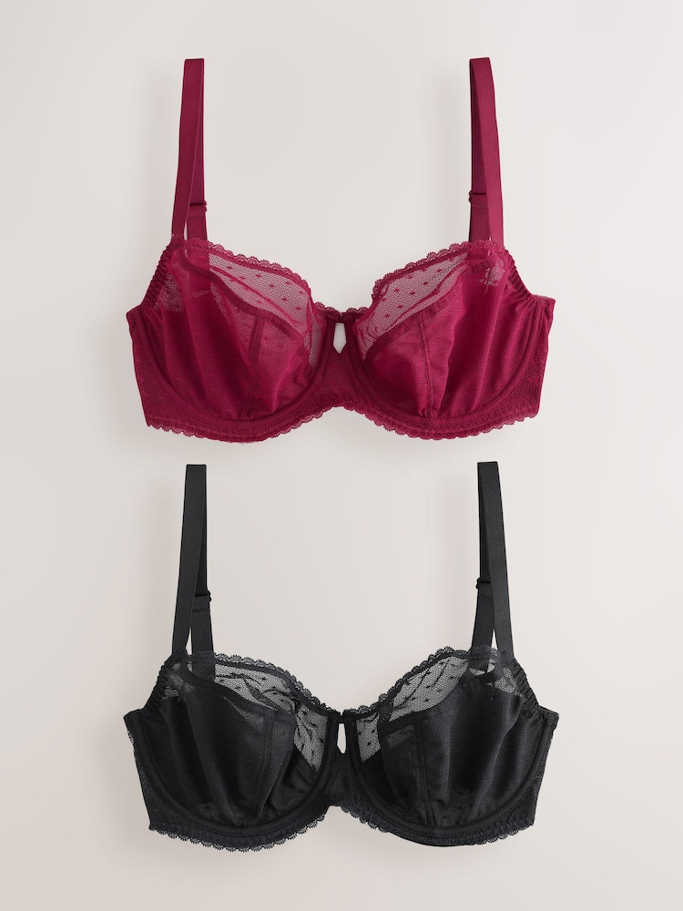 Black/Red DD+ Spot Mesh Non Pad Balcony Bras 2 Pack - Image 1 of 10