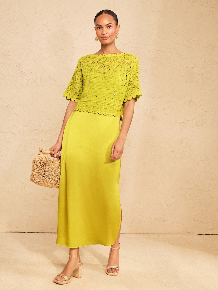 Love & Roses Chartreuse Green Petite Knitted Crochet 2 in 1 Midi Dress With Nautical Charm Details - Image 1 of 4