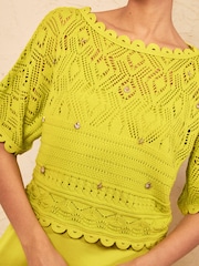 Love & Roses Chartreuse Green Petite Knitted Crochet 2 in 1 Midi Dress With Nautical Charm Details - Image 2 of 4