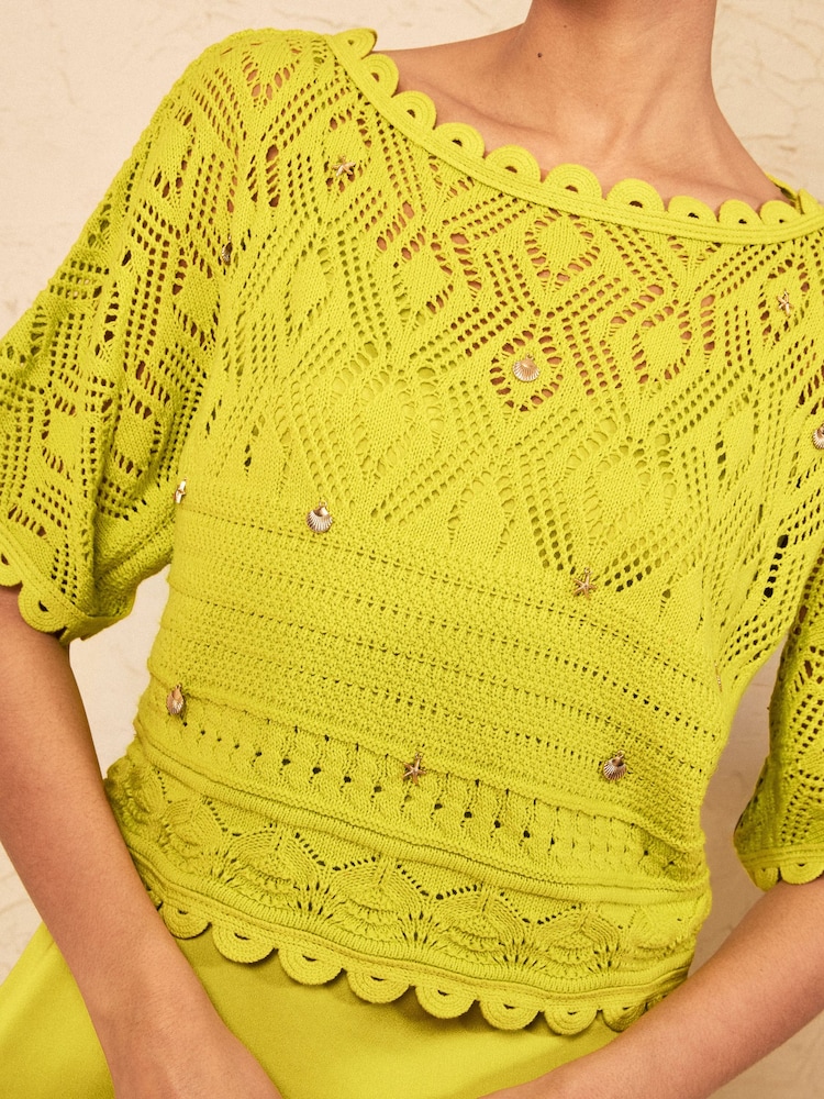 Love & Roses Chartreuse Green Petite Knitted Crochet 2 in 1 Midi Dress With Nautical Charm Details - Image 2 of 4