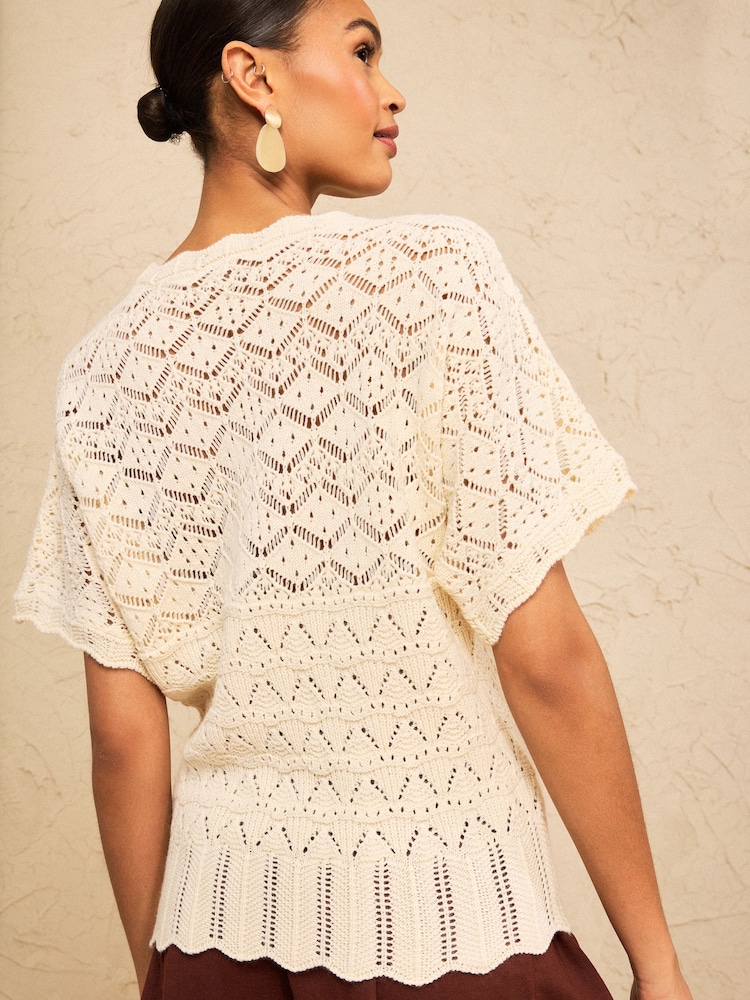 Love & Roses Crochet Scallop Detail Knitted Batwing Top - תמונה 4 מתוך 4