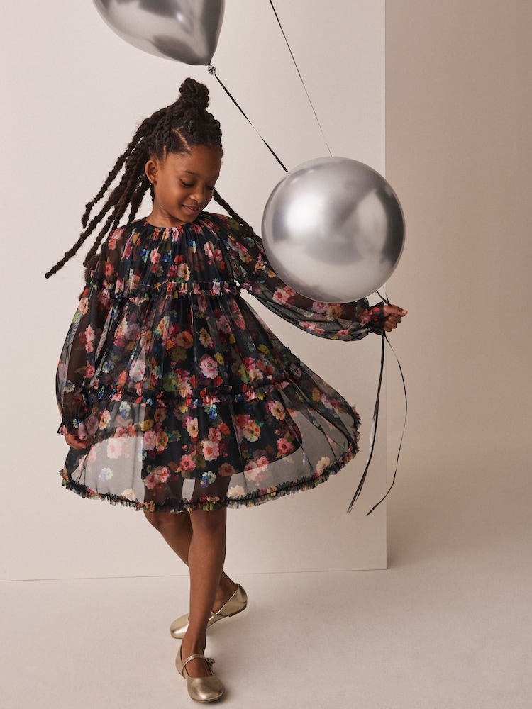 Black Floral Long Sleeve Mesh Dress (3-16yrs) - Image 1 of 8