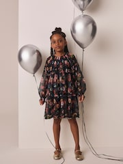 Black Floral Long Sleeve Mesh Dress (3-16yrs) - Image 2 of 8