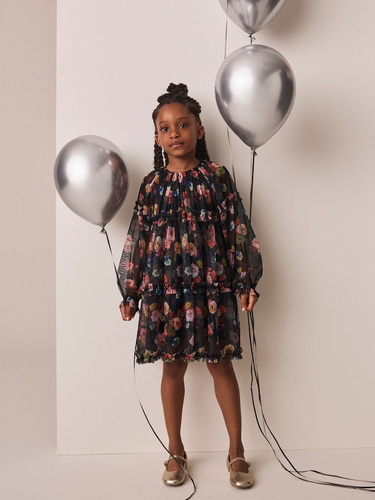 Black Floral Long Sleeve Mesh Dress (3-16yrs) - Image 2 of 8