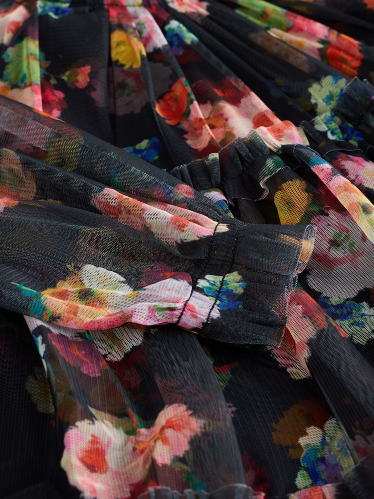 Black Floral Long Sleeve Mesh Dress (3-16yrs) - Image 8 of 8