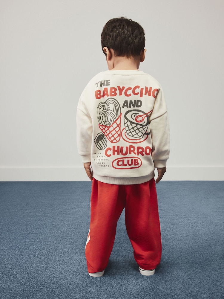 Red/Ecru Printed Crew Neck Sweat Top and Joggers Set (3mths-7yrs) - Image 1 of 8 Red/Ecru Printed Crew Neck Sweat Top and Joggers Set (3mths-7yrs) - Image 1 of 8