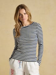 Joules Sophie Navy Striped Long Sleeve Ribbed Fitted T-Shirt - Image 1 of 6