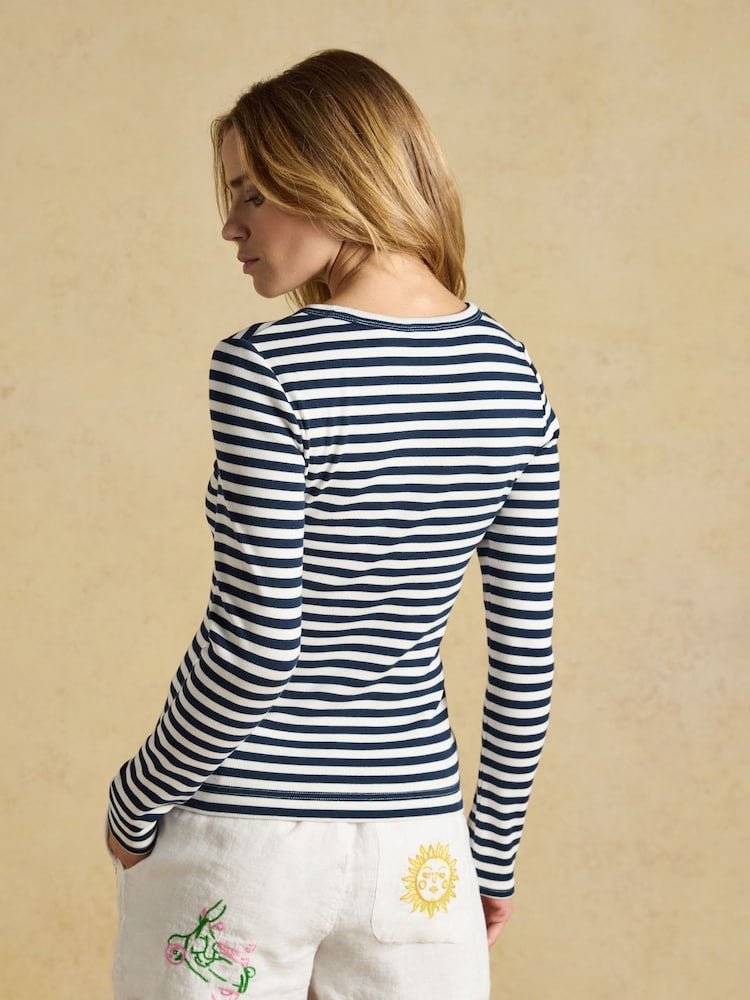 Joules Sophie Navy Striped Long Sleeve Ribbed Fitted T-Shirt - Image 2 of 6 Joules Sophie Navy Striped Long Sleeve Ribbed Fitted T-Shirt - Image 2 of 6