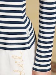 Joules Sophie Navy Striped Long Sleeve Ribbed Fitted T-Shirt - Image 5 of 6