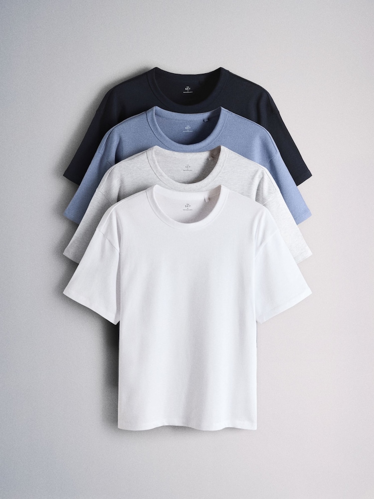 Navy/Grey Bound Neck Heavyweight Jersey T-Shirt 4 Pack - Image 1 of 7 Navy/Grey Bound Neck Heavyweight Jersey T-Shirt 4 Pack - Image 1 of 7