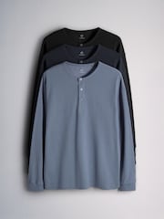 The Set 3 Pack Long Sleeve Waffle Henley Tops Navy/White - Image 1 of 6