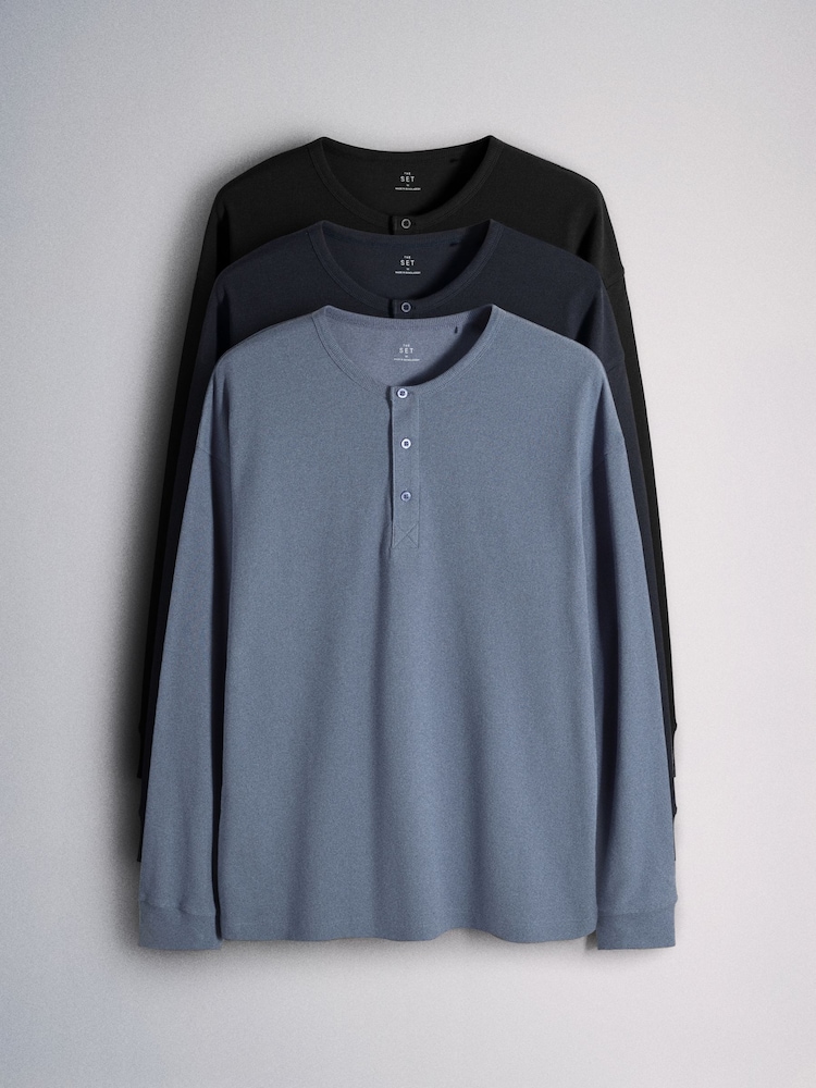 The Set 3 Pack Long Sleeve Waffle Henley Tops Navy/White - Image 1 of 6