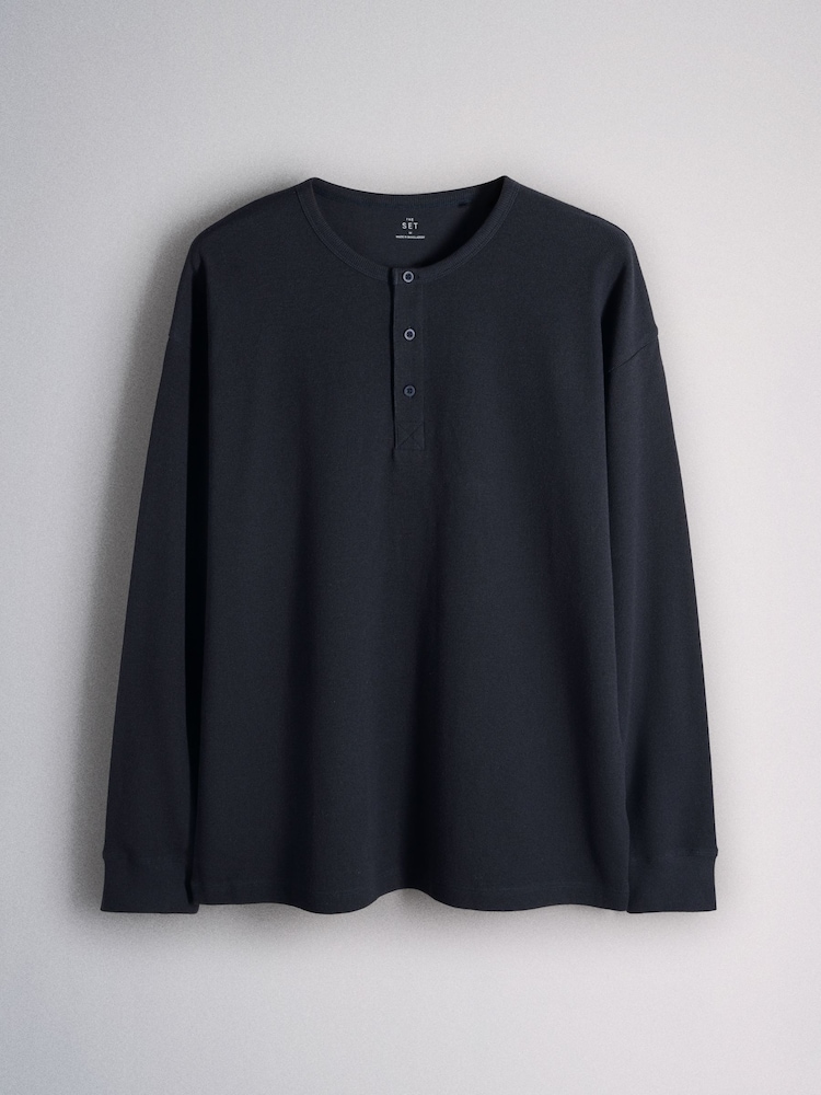 The Set 3 Pack Long Sleeve Waffle Henley Tops Navy/White - Image 2 of 6