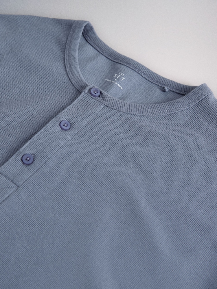 The Set 3 Pack Long Sleeve Waffle Henley Tops Navy/White - Image 6 of 6