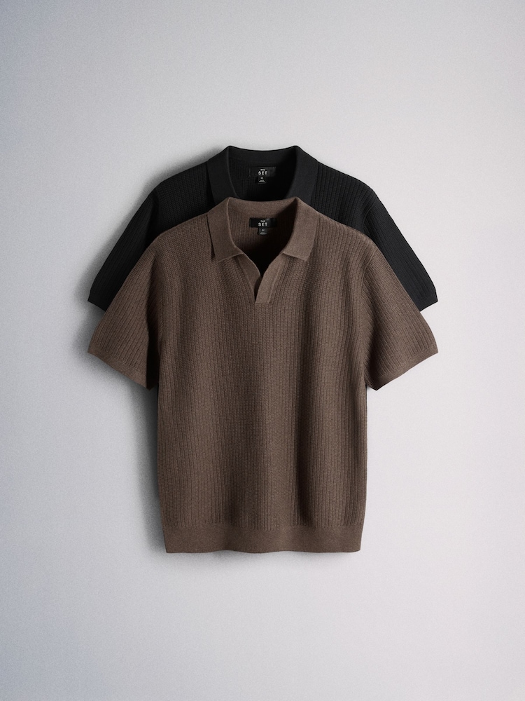The Set 2 Pack Textured Knitted Trophy Neck Jumpers Black/Brown - Image 1 of 5