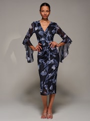 Jolie Moi Black Ruffle Sleeve Ruched Mesh Bodycon Dress - Image 4 of 6