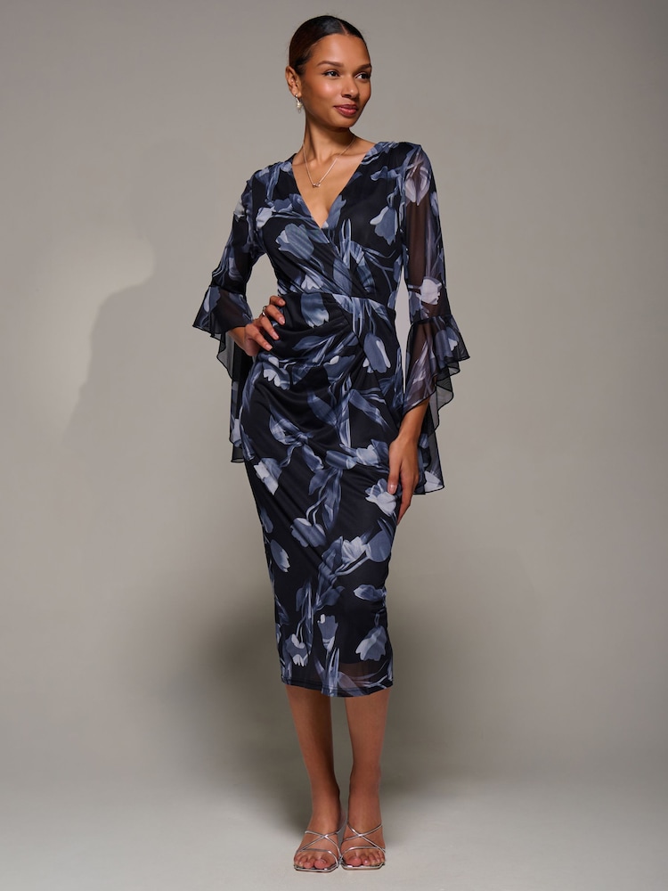 Jolie Moi Black Ruffle Sleeve Ruched Mesh Bodycon Dress - Image 6 of 6 Jolie Moi Black Ruffle Sleeve Ruched Mesh Bodycon Dress - Image 6 of 6