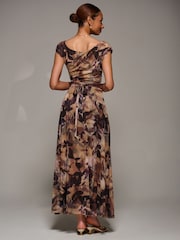 Jolie Moi Brown Asymmetric Draped Mesh Maxi Dress - Image 2 of 6