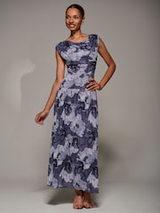 Jolie Moi Blue Asymmetric Draped Mesh Maxi Dress - Image 4 of 6