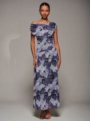 Jolie Moi Blue Asymmetric Draped Mesh Maxi Dress - Image 5 of 6