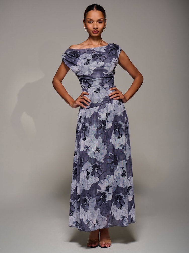 Jolie Moi Blue Asymmetric Draped Mesh Maxi Dress - Image 6 of 6 Jolie Moi Blue Asymmetric Draped Mesh Maxi Dress - Image 6 of 6