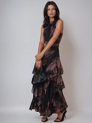 Religion Black Taylor maxi dress with full ruffle skirt in large Floral Trace print in dark reds - Image 1 of 6