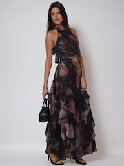 Religion Black Taylor maxi dress with full ruffle skirt in large Floral Trace print in dark reds - Image 5 of 6