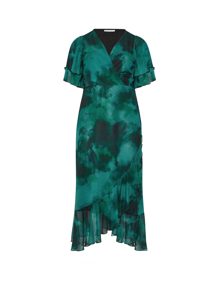 Yours Curve Green London Wrap Ruffle Mesh Dress - Image 5 of 5