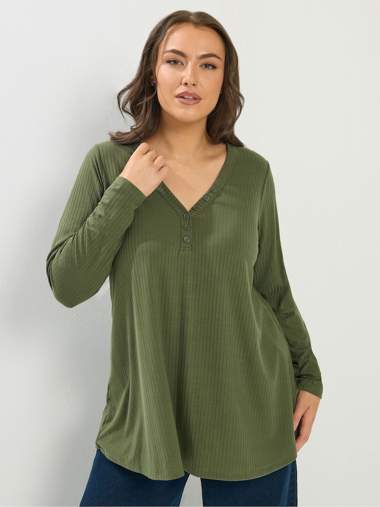 Yours Curve Green Henley Ribbed Swing Top - Image 1 of 5 Yours Curve Green Henley Ribbed Swing Top - Image 1 of 5