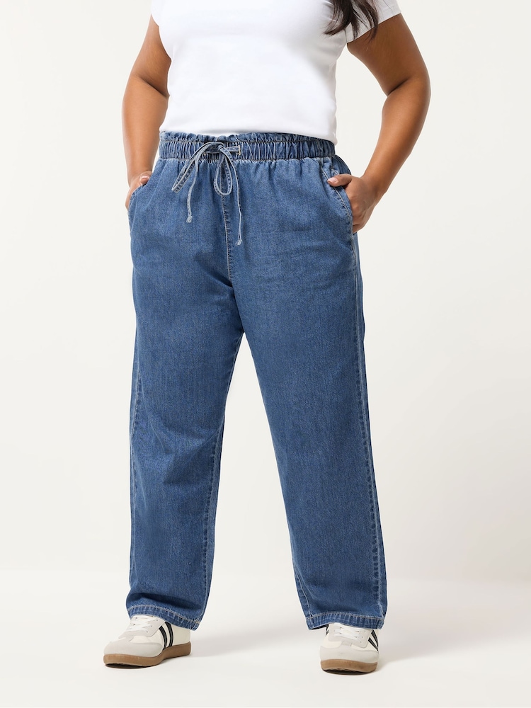 Yours Curve Blue Paperbag Straight Leg Jeans - Image 1 of 5