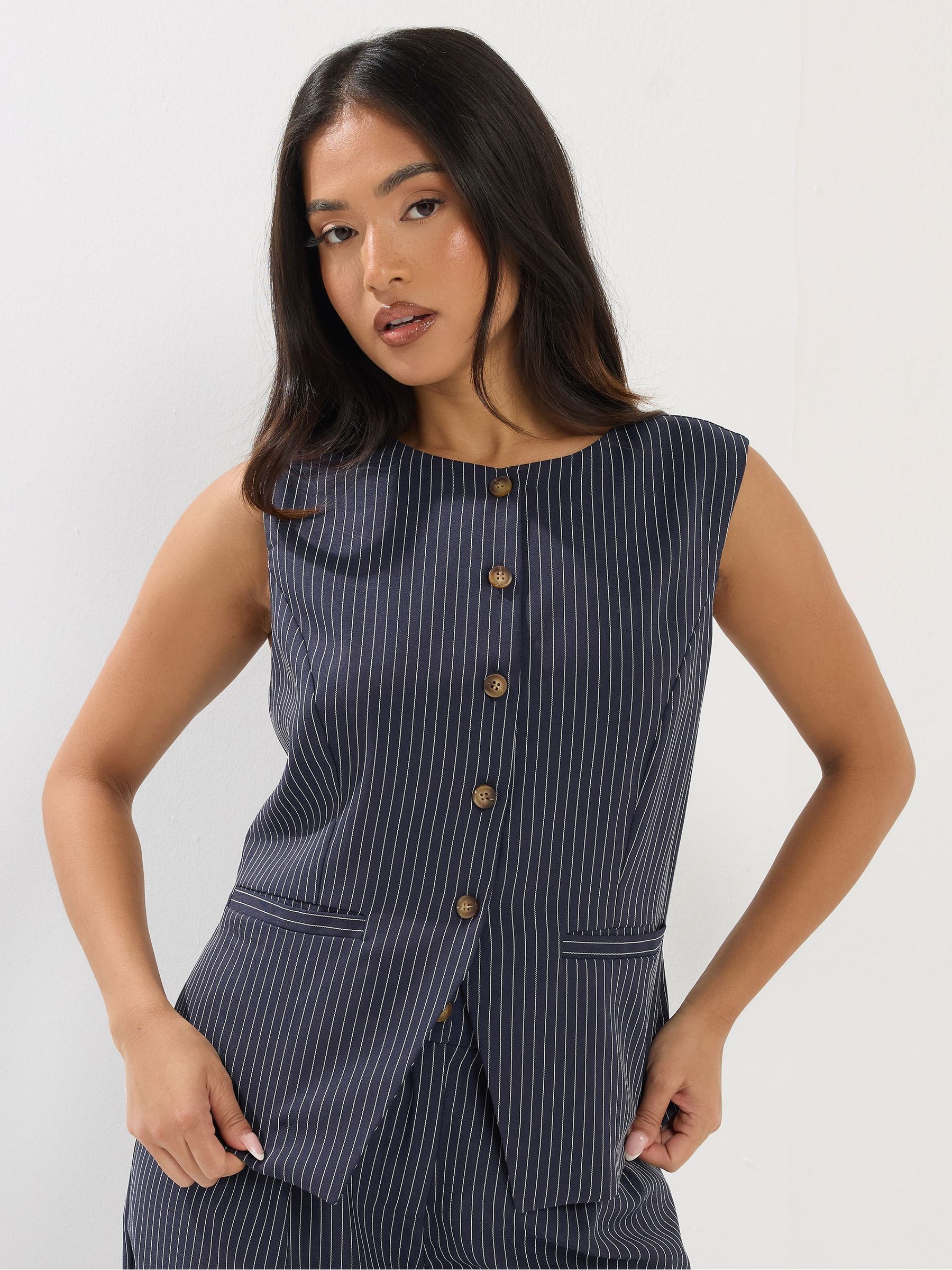 Pixiegirl Petite Women's Blue Pinstripe High Neck Waistcoat - Image 1