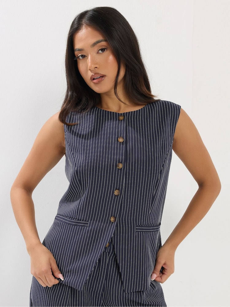 PixieGirl Petite Blue Pinstripe High Neck Waistcoat - Image 1 of 6