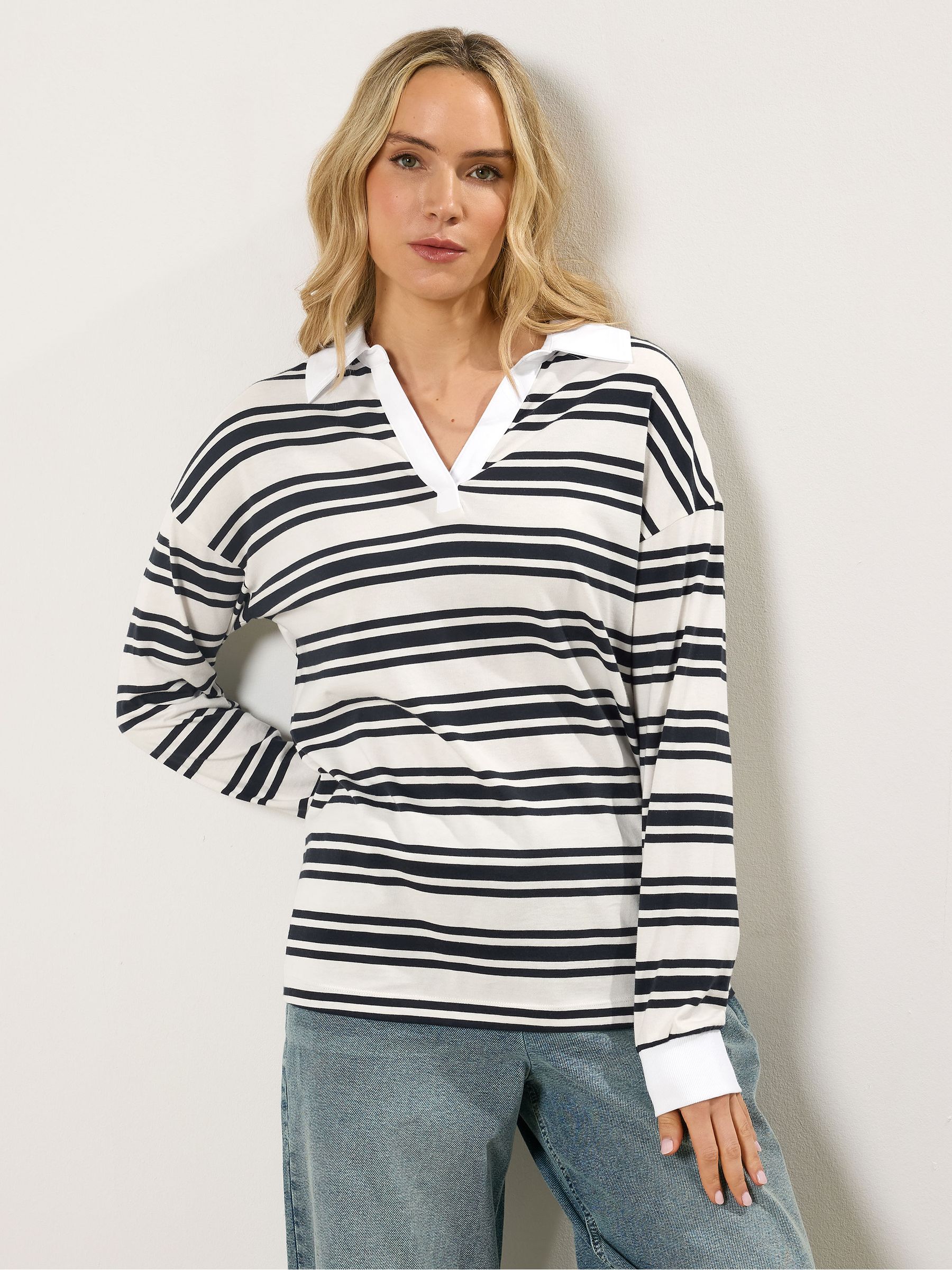 Lts Women's Blue Tall Navy Double Stripe Cotton Rugby Polo Tshirt Size 20 - Image 2