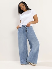 Yours Curve Blue Self Belt Wide Leg Jeans - Image 2 of 5