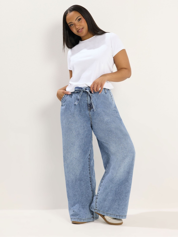 Yours Curve Blue Self Belt Wide Leg Jeans - Image 2 of 5