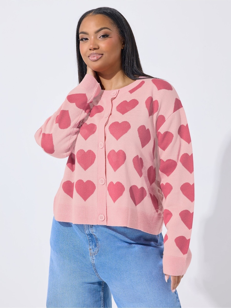 Yours Curve Pink Limited Heart Knitted Round Neck Cardigan - Image 1 of 5