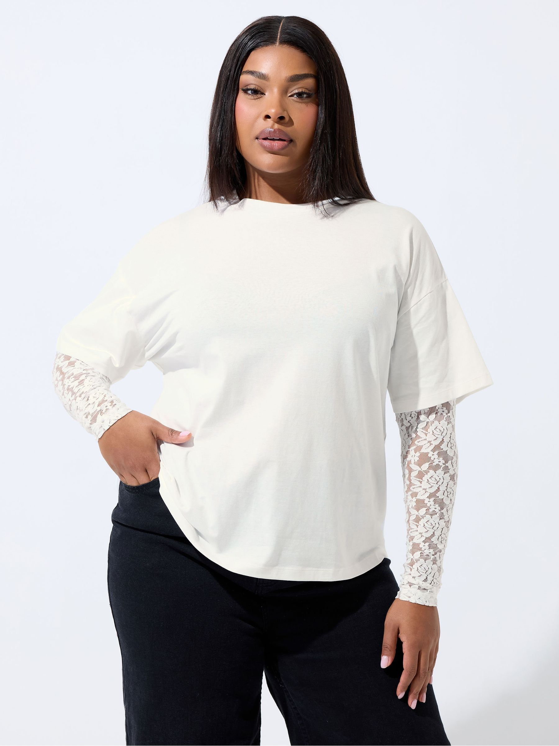 Buy Yours Curve White Limited Lace Sleeve T-Shirt from the Next UK