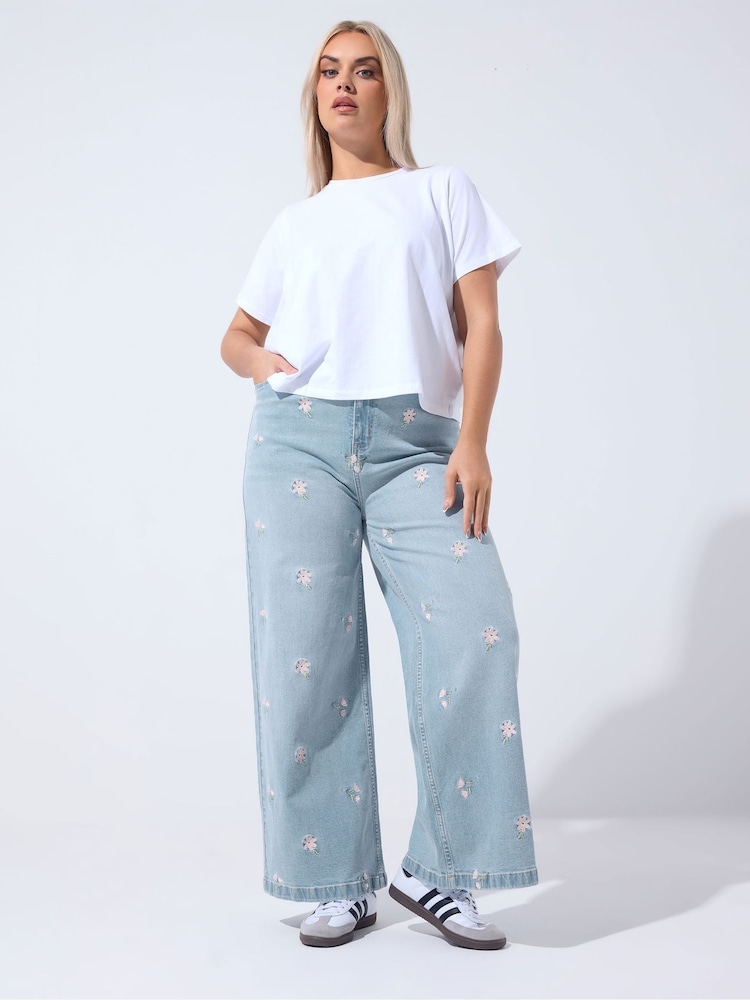 Yours Curve Blue Limited Floral Embroidered Jeans - Image 1 of 5 Yours Curve Blue Limited Floral Embroidered Jeans - Image 1 of 5