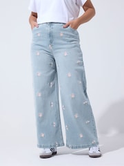 Yours Curve Blue Limited Floral Embroidered Jeans - Image 2 of 5