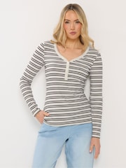Long Tall Sally White Striped Ribbed Henley Top - Image 1 of 5