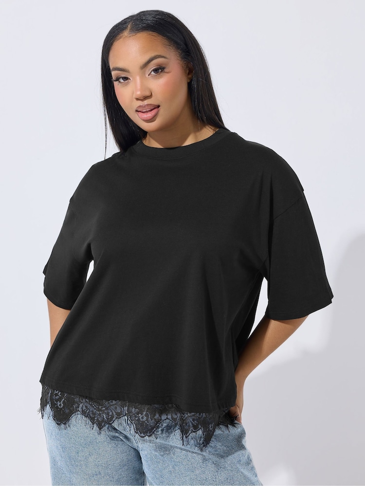 Yours Curve Black Limited Lace Hem Top - Image 1 of 5
