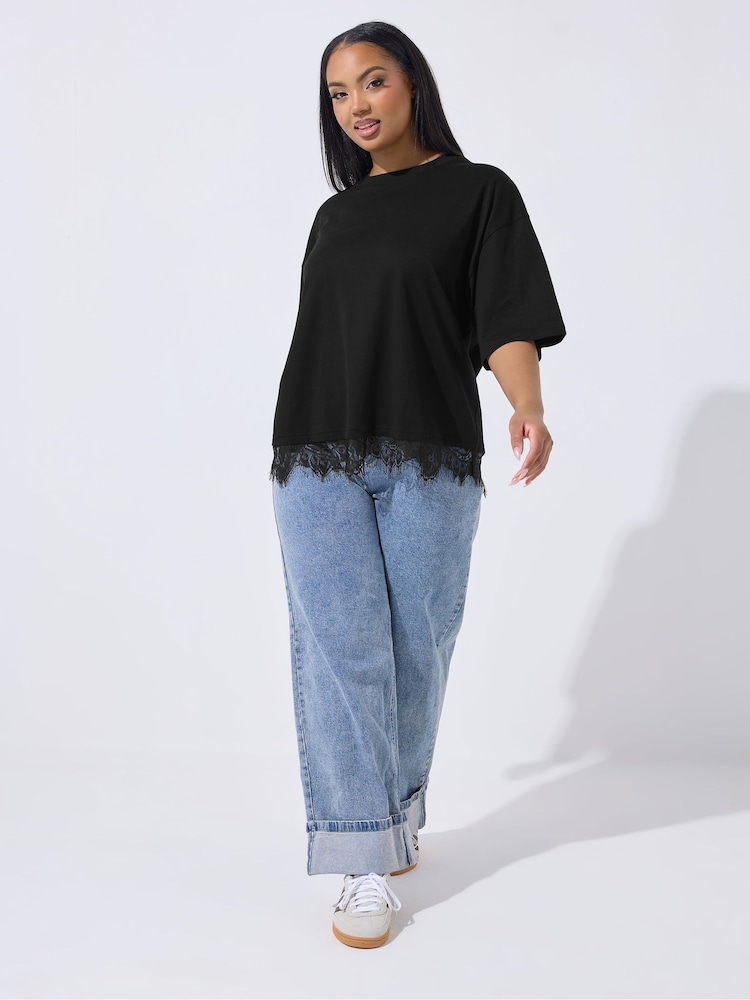 Yours Curve Black Limited Lace Hem Top - Image 2 of 5