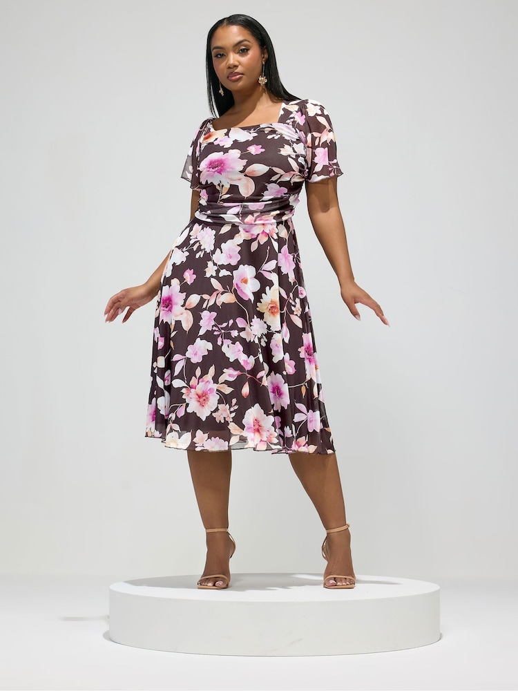 Yours Curve Brown London Floral Mesh Square Neck Dress - Image 1 of 5