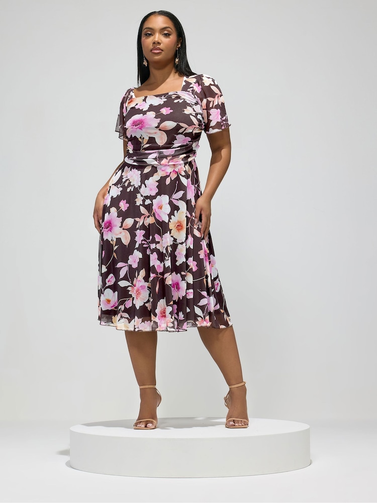 Yours Curve Brown London Floral Mesh Square Neck Dress - Image 2 of 5