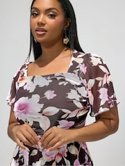 Yours Curve Brown London Floral Mesh Square Neck Dress - Image 4 of 5