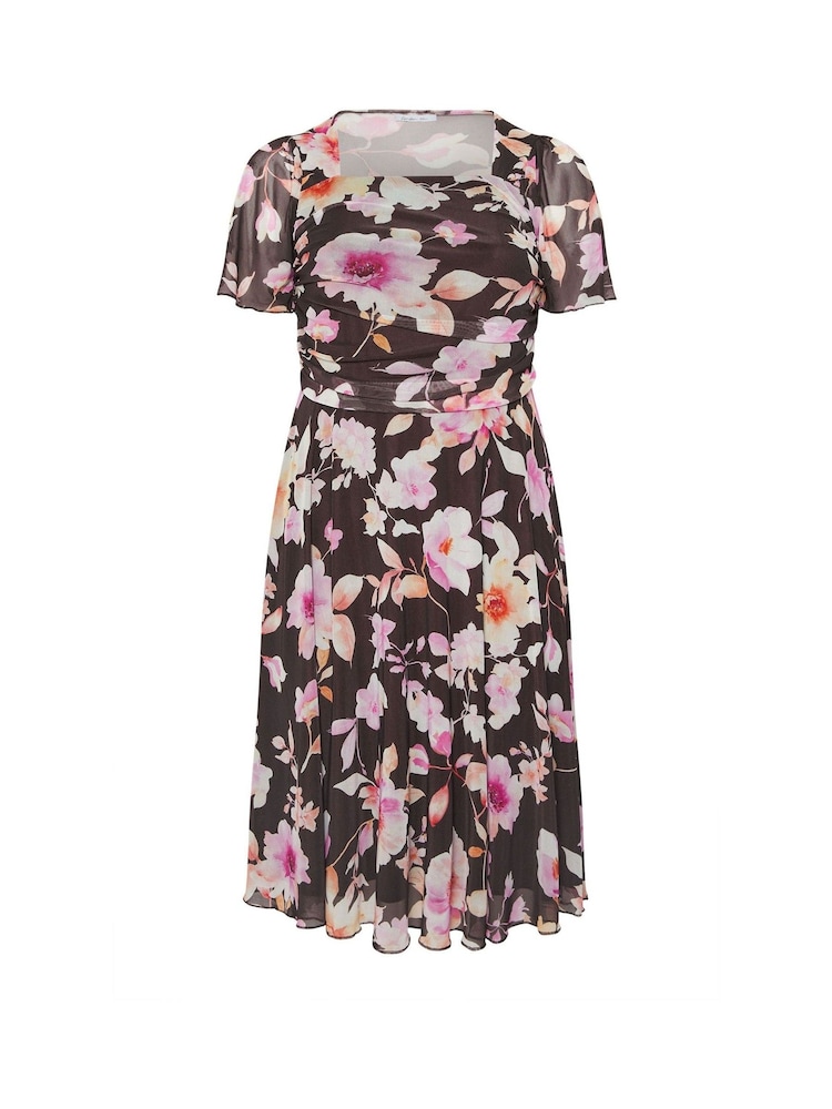 Yours Curve Brown London Floral Mesh Square Neck Dress - Image 5 of 5