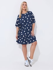 Yours Curve Blue Limited Polka Dot T-Shirt Dress - Image 1 of 5