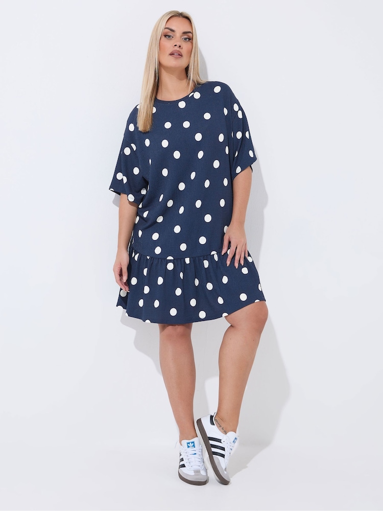 Yours Curve Blue Limited Polka Dot T-Shirt Dress - Image 1 of 5