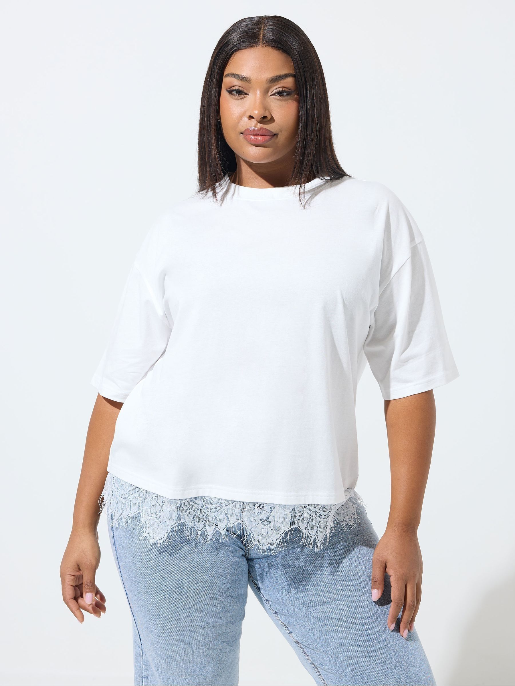 Yours Women's White Lace Hem T-Shirt In | Size: 20 - Image 1