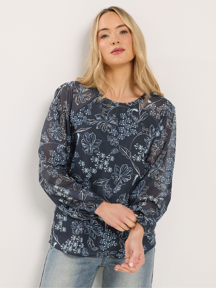 Long Tall Sally Blue Floral Georgette Raglan Top - Image 1 of 5